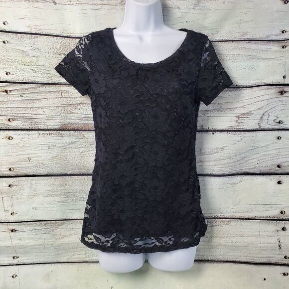 Banana Republic Black Lace Short Sleeve Top Size XS Floral Sheer Overlay Stretch - Picture 1 of 8
